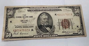 1929 $50 NATIONAL BANKNOTE THE FEDERAL RESERVE BANK of DALLAS, TEXAS O96 - Picture 1 of 2