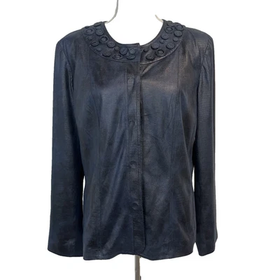 Chico's Blazer Jacket sz 10 12/2 Navy Blue Faux Alligator Leather Career Casual - Image 1 of 4