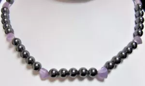 15" 7mm Hematita & Amatista Collar con Cuentas Plata de Ley Primavera Anillo - Imagen 1 de 3