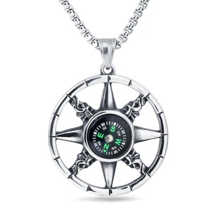 TITANIUM SILVER ROTATING COMPASS PENDANT NECKLACE CHAIN TRENDY CAMPING MEN WOMEN - Picture 1 of 5
