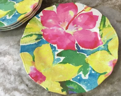 Pratos de salada de melamina Nicole Miller. Flores abstratas coloridas. Conjunto de 4. Novo. - Imagem 1 de 4