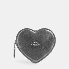 Coach CQ143 Glitter Patent Leather Heart Pouch Coin Case Silver/Gunmetal