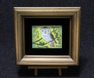 Pintura Cloisonne Esmalte Asociado Artistas Búho Enmarcado Firmado Kuru De Colección Raro - Imagen 1 de 5