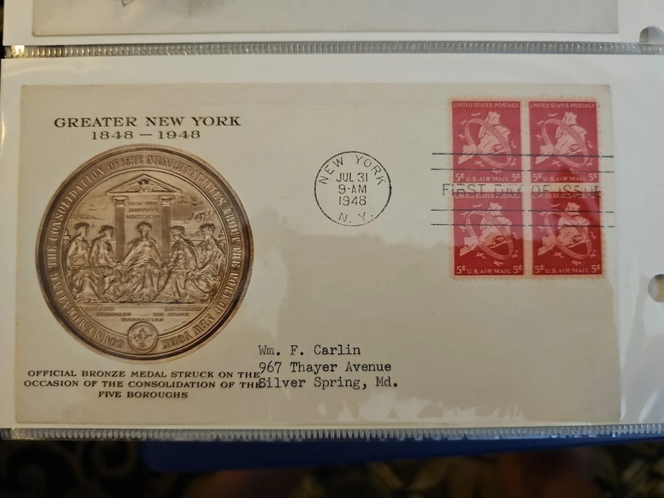 1948 50th Anniversary Of NYC Boroughs, Scott C38, Block Of 4 5c Stamp FDOI - Image 1 of 1