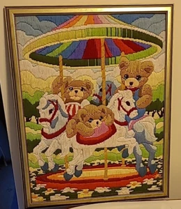 Vintage Framed Crewel Needlework Embroidery TEDDY BEARS on Carousel 16x20 (e7/d3 - Picture 1 of 23