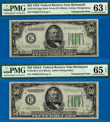 1934/1934A $50 FRN Changeover PMG 65EPQ - Only known Fr 2102-Edgs / Fr 2103-E - Image 1 of 2