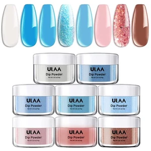 ULAA Dip Powder Nail Set 8 Colors Nude Blues & Glitters No Lamp Needed NEW - Picture 1 of 9