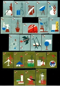 Rusia 1967 Industria, cohete, envío, antena, lira, plata/oro, 22 etiquetas Matchbox - Imagen 1 de 1