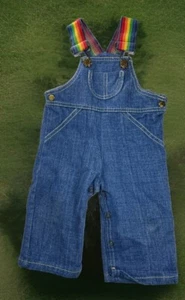 Vintage 12 Months Ruffniks Overalls Denim Pants Rainbow Straps 70’s 80’s 12M - Picture 1 of 10