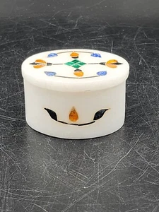 Vintage Small Inlaid Gemstone Oval White Marble Lidded Trinket Ring Box - Picture 1 of 8