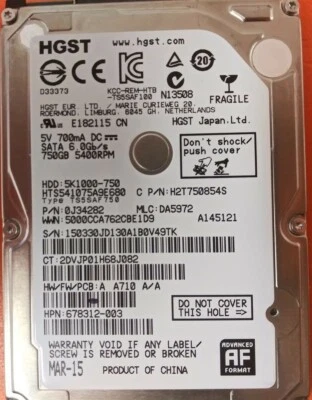 ⭐️⭐️⭐️⭐️⭐️ HDD Hard Drive SATA Laptop 2.5" HGST HTS541075A9E680 750GB J34282 - Image 1 of 2