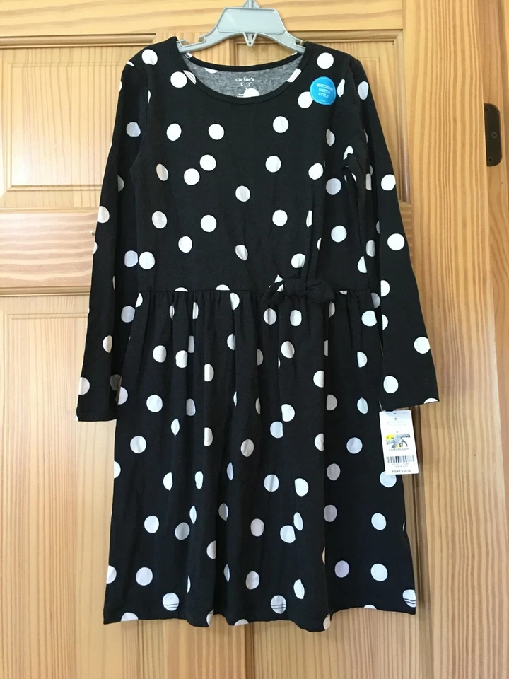 全新带标签 Carter's Polka Dots 长袖汗布连衣裙女孩黑色 — 第 1/1 张图片