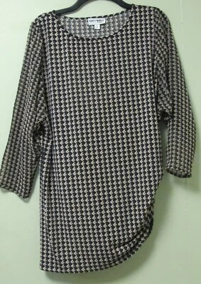 NWOT Mix Media 3/4 Sleeve Taupe Geo Printed Side Ruched Tunic Top Size M - Image 1 of 3