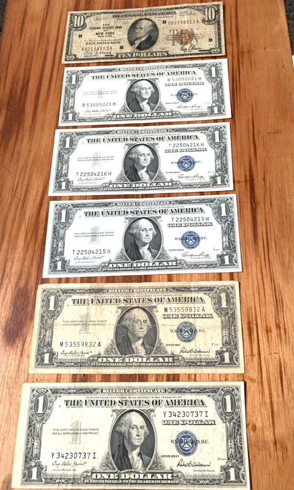 1929 Ten Dollar Bill ,New York  .Red Seal .with 5 silver cert 1 dollar bills - Image 1 of 4