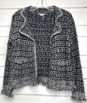 Blazer Cárdigan Sioni Grueso Tejido Para Mujer Talla S Negro Blanco Bolsillos Deshilachado Foto 1 de 4