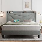  Bed Frame with Type-C & USB Ports, Upholstered Platform Bed Queen Light Gray