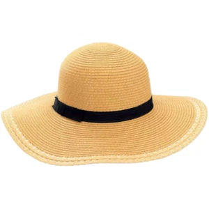 Women's Floppy Hat With Open Work Edging Summer Beach Hat One Size Natural/Tan - Picture 1 of 11