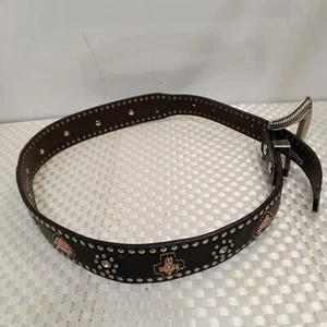 NOCONA BROWN LEATHER WESTERN BELT- HEARTS-CROSSES- STUDS SIZE 26 # N4413630 EUC - Picture 1 of 13