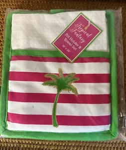 DEI Palm Tree Pot Holder & Towel set White Towel Green Trim & Pink Stripes NEW - Picture 1 of 4