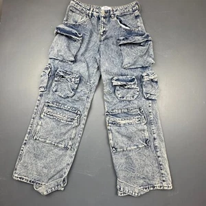 Rise Supply Co Cargo Jeans Boys 7 Blue Acid Wash Baggy Y2K Multi Pocket Denim - Picture 1 of 12