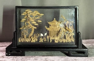 Vintage orientalisches chinesisches 3D handgeschnitztes Kork Diorama Pagode Kunst 8" x 5,25" - Bild 1 von 4