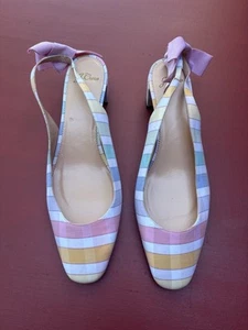 J Crew Shoes Kate Slingback 12 Rainbow Gingham Pink Blue Heels Plaid - Picture 1 of 8