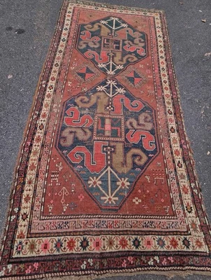 MUSEUM RARE ANTIQUE Caucasian Cloudband Runner 3'10"x8' PURE VEG DYES c.1880s - Image 1 of 4