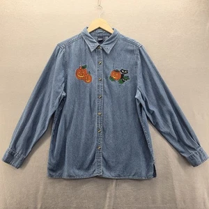 Vintage Basic Editions Halloween Black Cat Pumpkin Embroidered Denim Top Large  - Picture 1 of 10