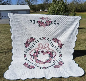 Trapunta Regina Applique Amish fatta a mano misura 92" X 106" 'Country Love. Punto debole - Foto 1 di 7