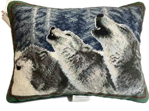 Vtg 1994 Wool Needlepoint Petit Point Pillow Wolf Dog Cushion 16x11 Handmade New - Picture 1 of 13