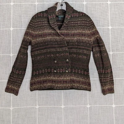 Ralph Lauren Shawl Cardigan Sweater Womens Small Petite Lambswool Fair Isle HOLE - Image 1 of 4