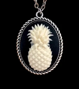 Pineapple Fruit Cameo Necklace, Ivory on Black, Vtg Antique Silver Pendant - Picture 1 of 4