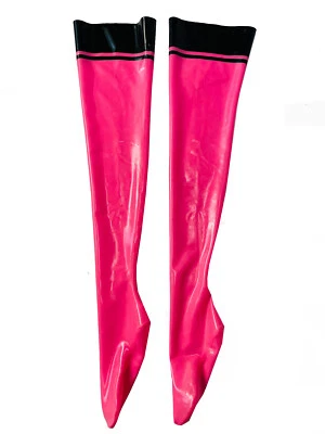 1474 Розовый латекс жевательная резинка чулки с черной отделкой бедра высокие длинные чулки 0,4 - Изображение 1 из 4
