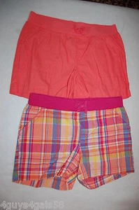 Girls Shorts TWO LOT Coral Orange PINK YELLOW BLUE PLAID Elast Waist S 6-6X - Picture 1 of 1