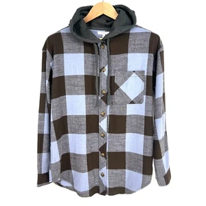 Maurices Cabin Plaid Hooded Boyfriend Shirt Womens Size M Blue Brown Flannel - Picture 1 of 13