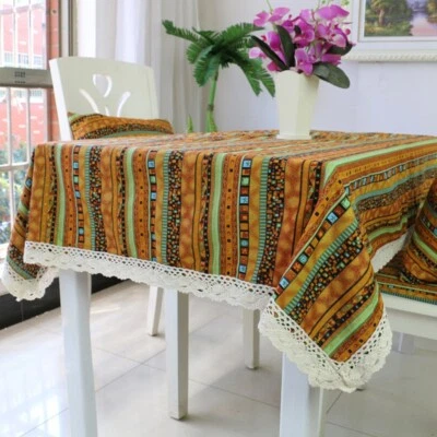 Lace Edge Vintage Ethnic Cotton Linen Tablecloth Washable Cover Home Decor Retro - Image 1 of 4