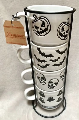NUEVO Juego de 4 tazas de café 3D de gres blanco y negro de Halloween con torre de almacenamiento Foto 1 de 4