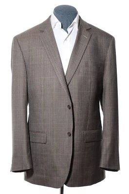 46L Long Pronto Uomo Platinum Brown Gray Taupe Glen Plaid Wool Sport Coat Blazer - Image 1 of 4