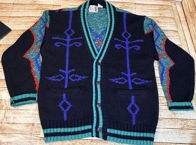 复古 80 年代 Novo Promark Creations 粗针织几何开衫毛衣 L 码 — 第 1/4 张图片