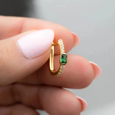 2 Ct Emerald Cut Emerald Lab Created Hoop Huggie Earrings 14K Yellow Gold Plated - Image 1 of 3