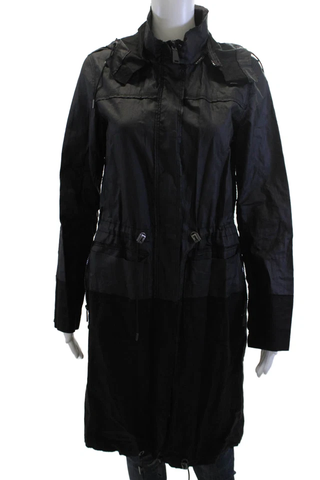 Elie Tahari Women Anorak Raincoat Black High Neck Drawstring Linen Blend Size S - Image 1 of 4