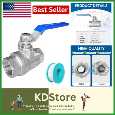 3/4'' Stainless Steel Ball Valve Heavy Duty Water/Oil/Gas 1000 PSI - Image 1 of 4
