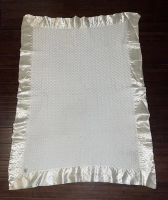 Vintage Waffle Baby Blanket White Satin Trim Ladies Garment Workers Union 45x32” - Image 1 of 4