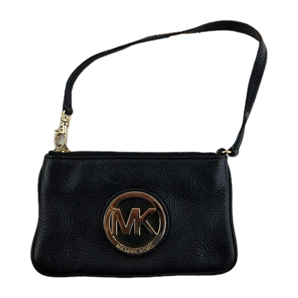 Michael Michael Kors Fulton Wristet in Black Pebbled Leather Gold Tone Logo - Image 1 of 4