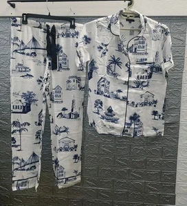 New Katie Kime Long Pant Short Sleeve Pajama Set White Blue Size Medium - Picture 1 of 9