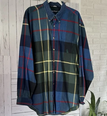Camisa xadrez masculina Nautica com botões, vintage anos 90, feita nos EUA - Imagem 1 de 4