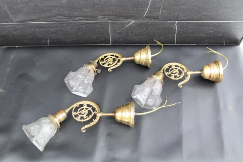 Antique Art Nouveau Set Of 3 Wall Sconce Light Fixture Press Glass Shade Cover
