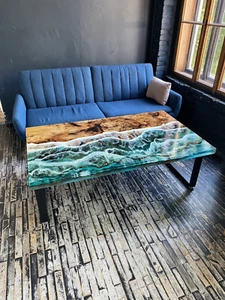 Ocean Epoxy Resin Table – 36" x 24" Made-to-Order Wood & Resin Art Furniture - Picture 1 of 8