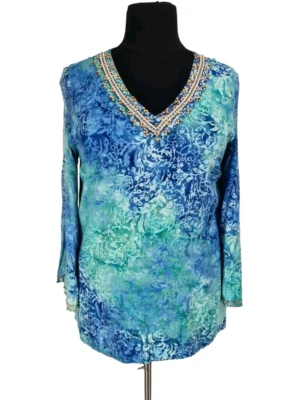 NORM THOMPSON 女式串珠 V 领束腰上衣 XL 码蓝色长袖 113A — 第 1/4 张图片