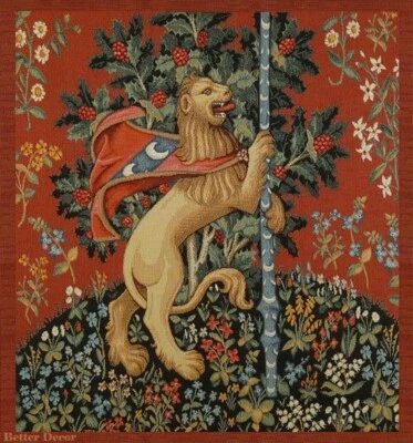 WALL WOVEN MEDIEVAL TAPESTRY A Lion - Lady and Unicorn: Taste ANTIQUE MILLEFLEUR - Image 1 of 2